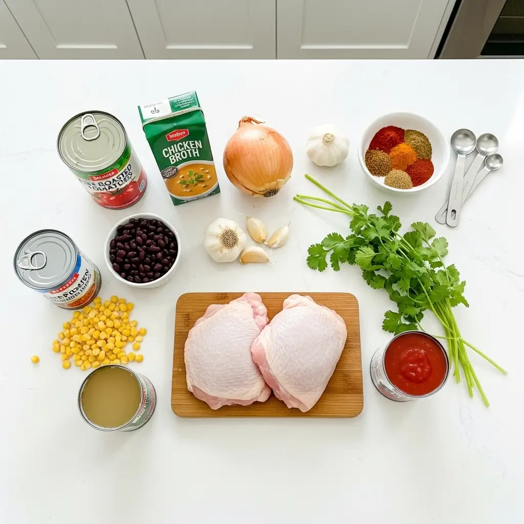flat lay of ingredients for slow cooker chicken tortilla soup