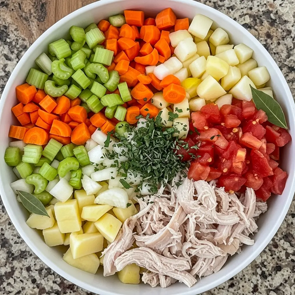 Ingredients for chicken vegetable soup laid out on counter