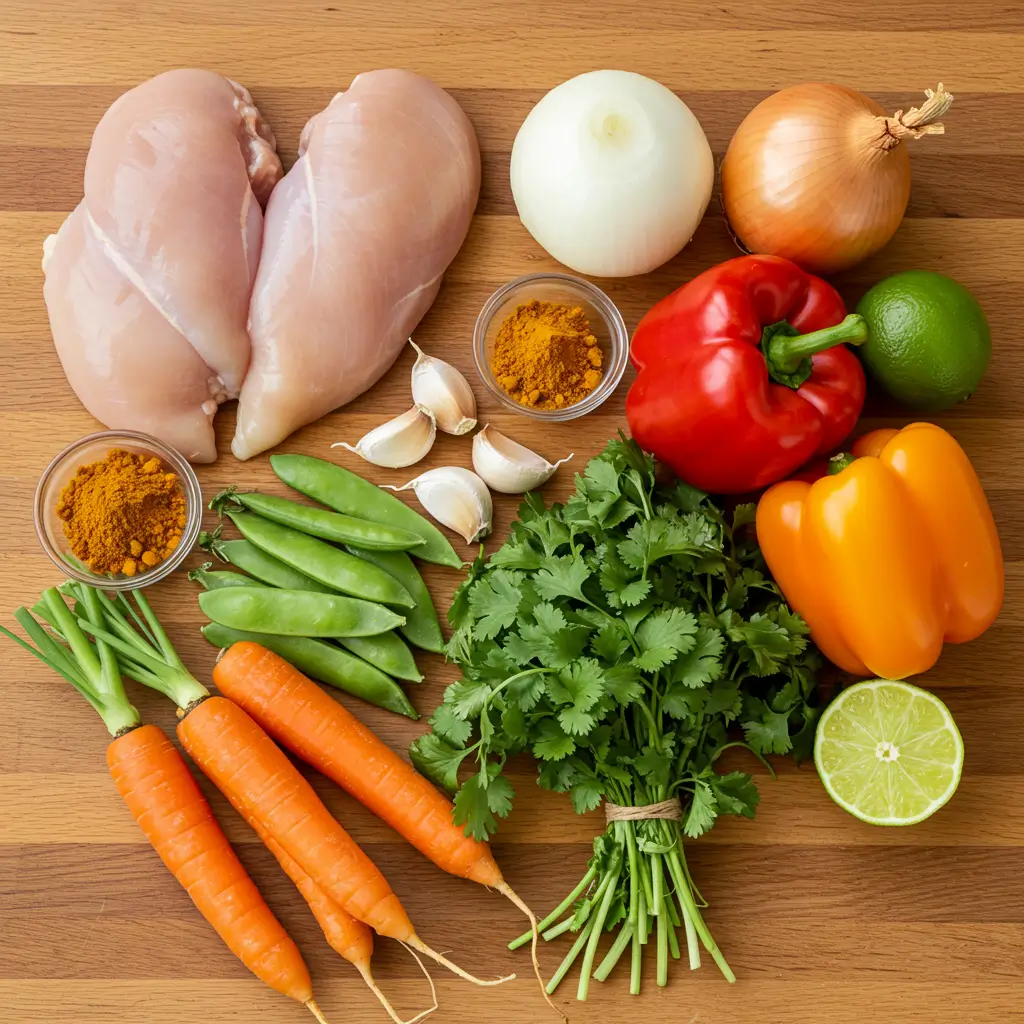 Ingredients for Coconut Curry Chicken Soup arranged on counter