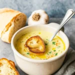 Country French Garlic Soup in rustic French setting