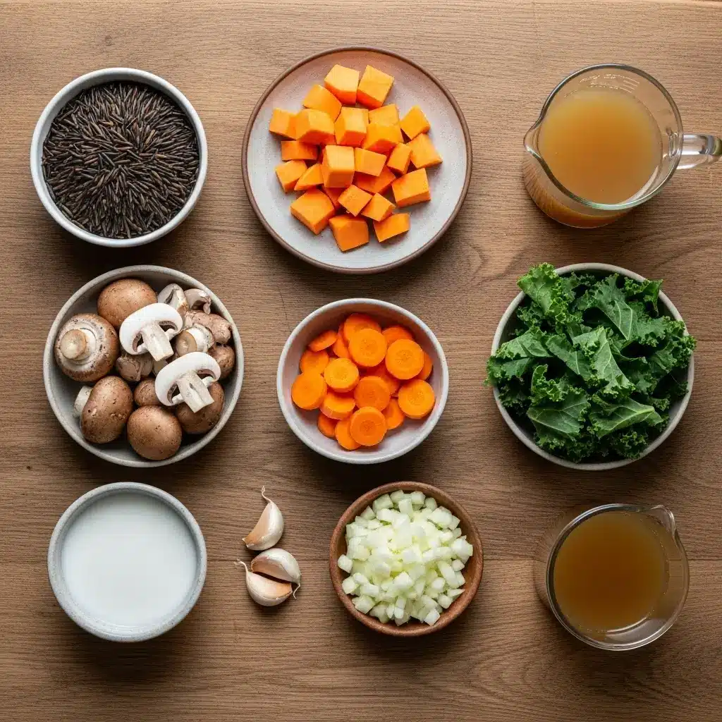 Ingredients for Cozy Autumn Wild Rice Soup on wooden counter