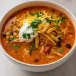 Creamy Chicken Tortilla Soup served with toppings