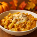 Creamy Parmesan Pumpkin Pasta served in a rustic bowl with fall décor