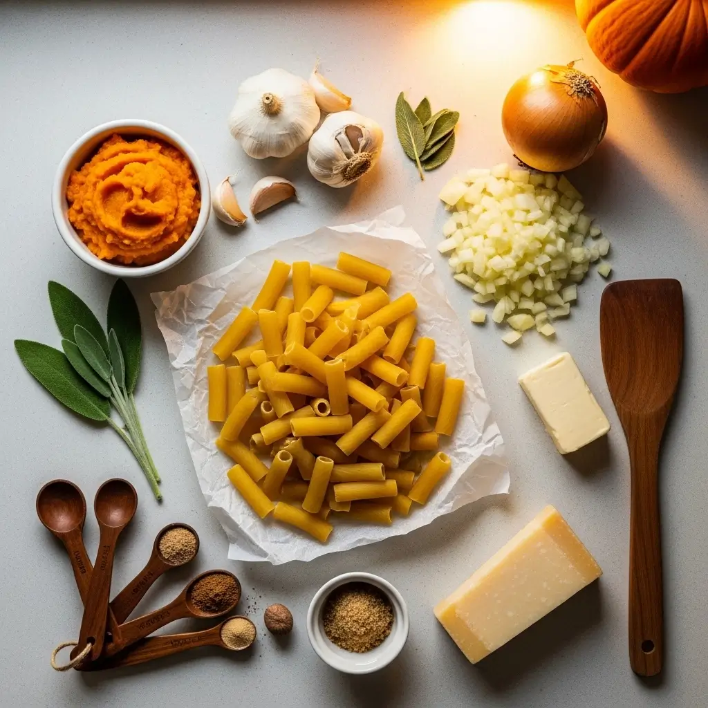 Ingredients for creamy Parmesan pumpkin pasta laid out on a counter