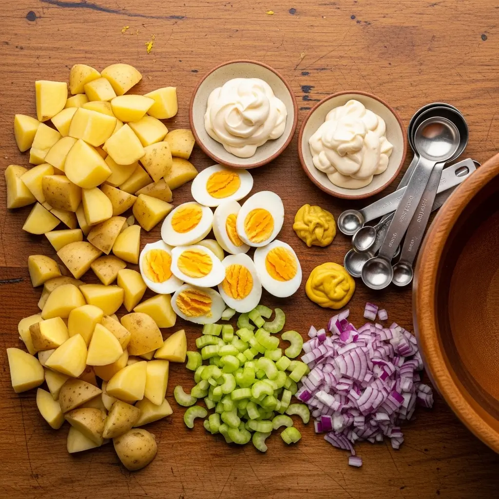 Ingredients for creamy potato salad recipe on kitchen counter