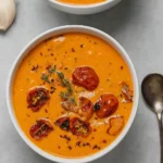 Creamy Roasted Garlic Tomato Soup served with grilled cheese