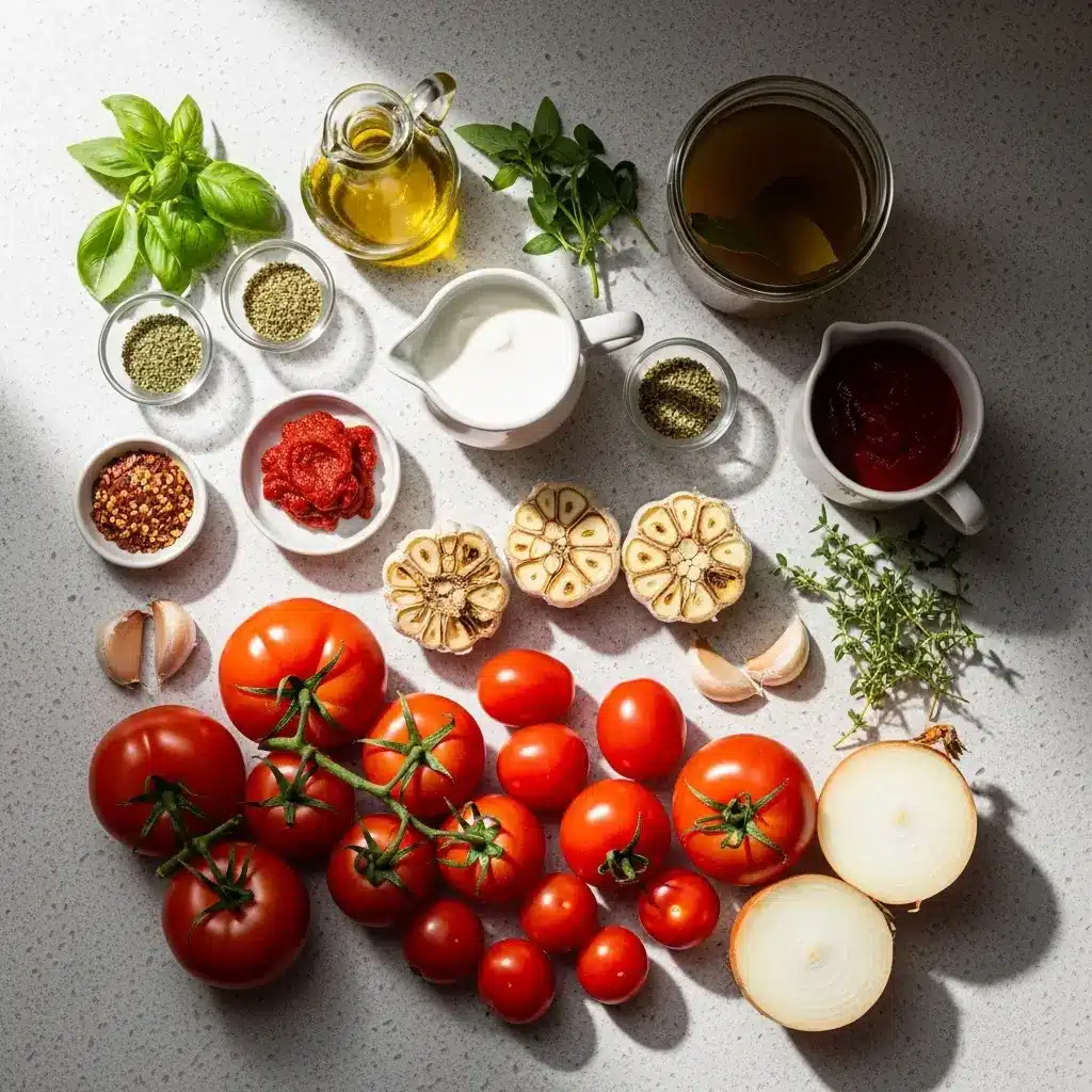 Ingredients for Creamy Roasted Garlic Tomato Soup on kitchen counter