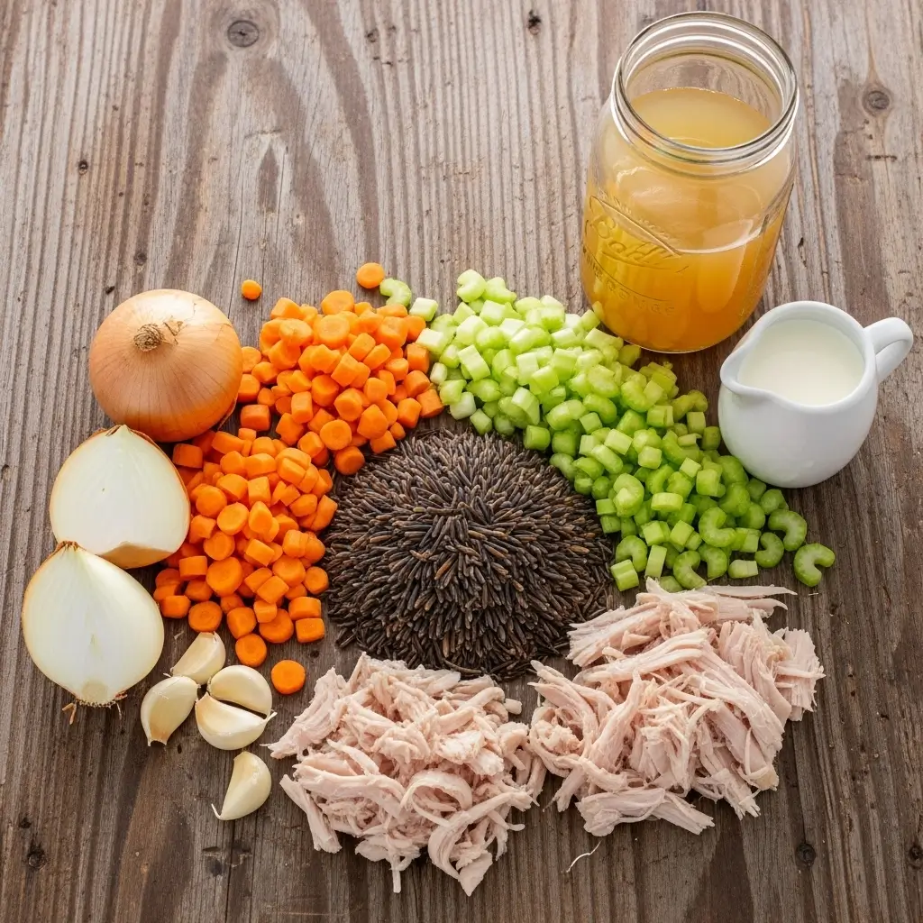 Ingredients for Creamy Turkey Wild Rice Soup laid out