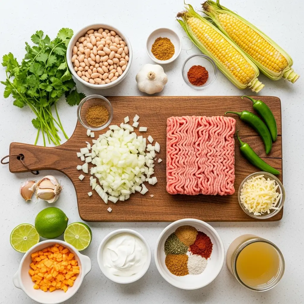 Ingredients for creamy white turkey chili laid out on a counter