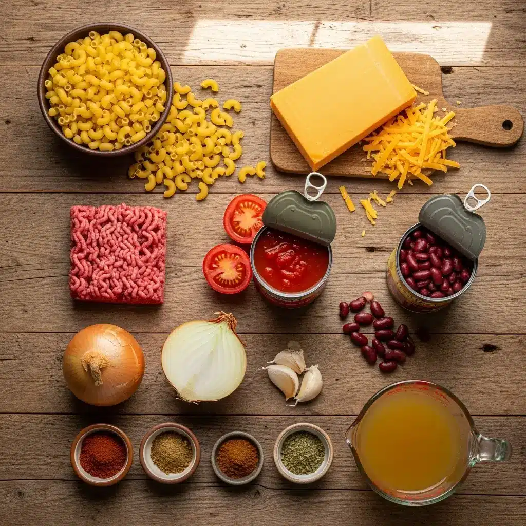 Ingredients for Crock Pot Cheddar Chili Mac