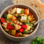 Crockpot cabbage soup in a rustic kitchen setting