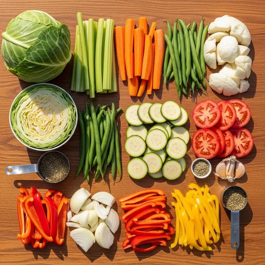 Ingredients for crockpot cabbage soup laid out on a wooden table