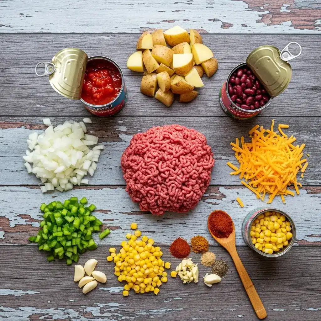 Crockpot Cowboy Casserole ingredients laid out