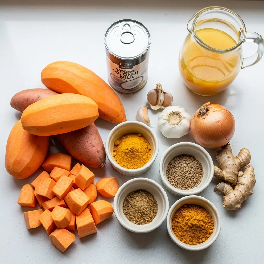 Ingredients for Curried Sweet Potato Soup on kitchen counter