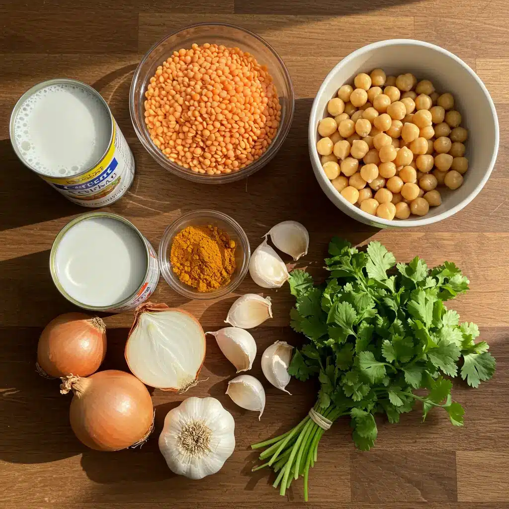 Curry Lentil Soup ingredients flat lay