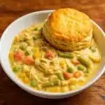 easy crock pot chicken pot pie in white slow cooker with biscuits