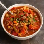 Easy Hamburger Vegetable Soup in a rustic bowl