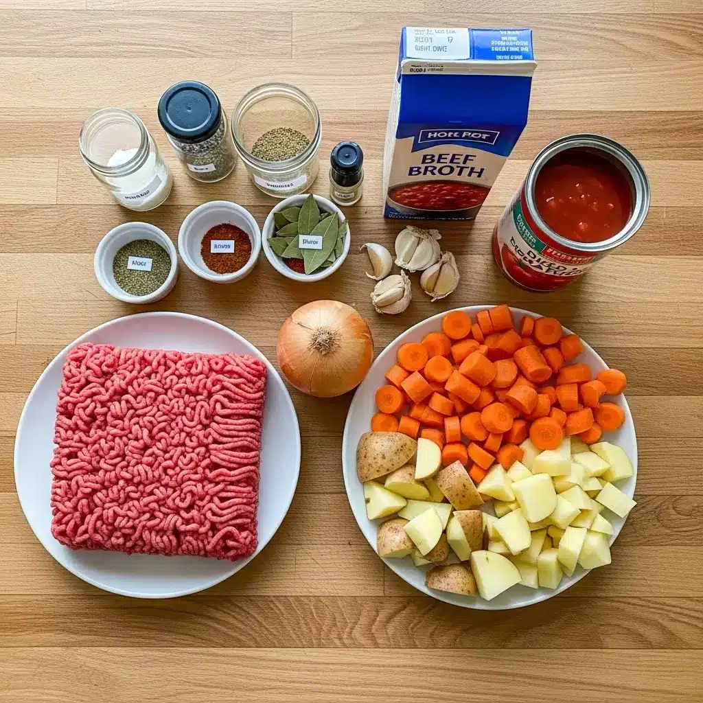 Easy One Pot Hamburger Stew ingredients laid out