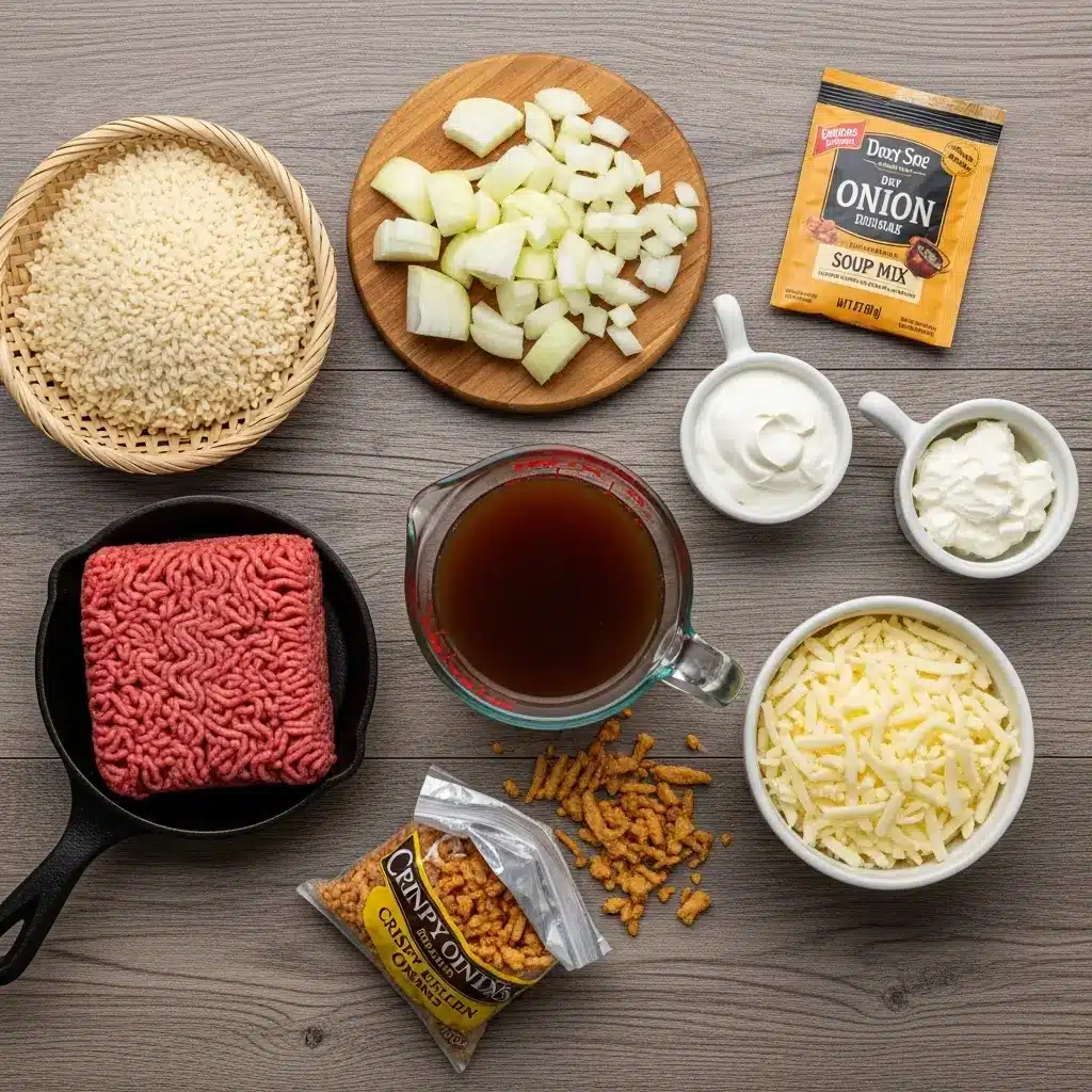 Ingredients for French Onion Ground Beef and Rice Casserole