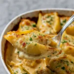 French Onion Stuffed Shells Recipe baked in skillet