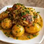 Garlic Parmesan Crockpot Chicken and Potatoes in slow cooker on rustic kitchen counter