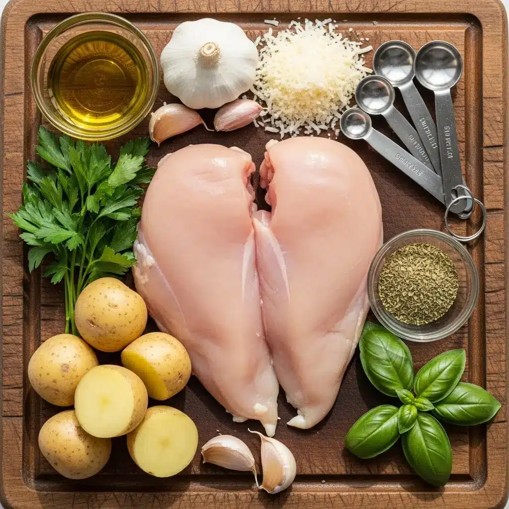 Flat lay of garlic parmesan crockpot chicken and potatoes ingredients on wooden board