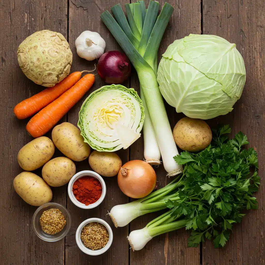 German cabbage soup ingredients on wooden table