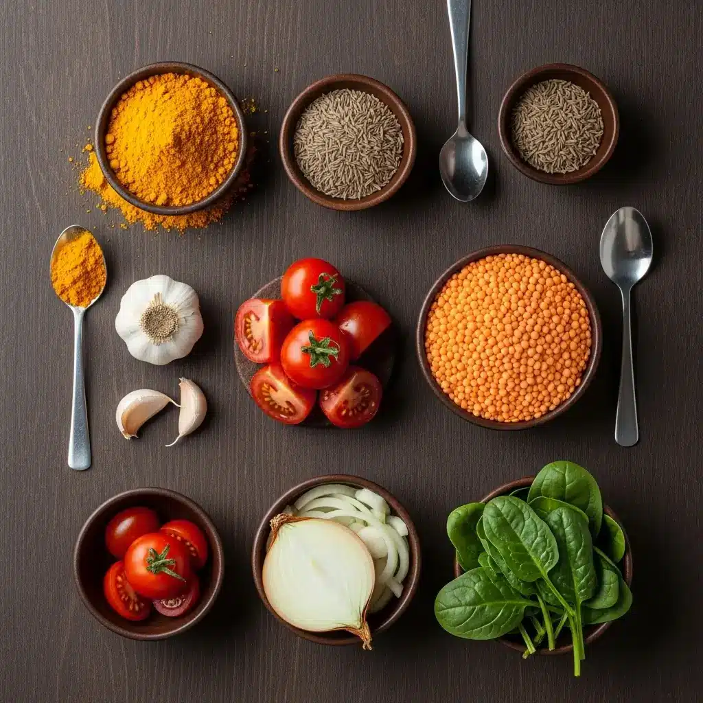 Ingredients for Glowing Spiced Lentil Soup laid out flat