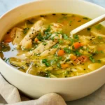 Greek chicken soup with lemon and orzo in a ceramic bowl