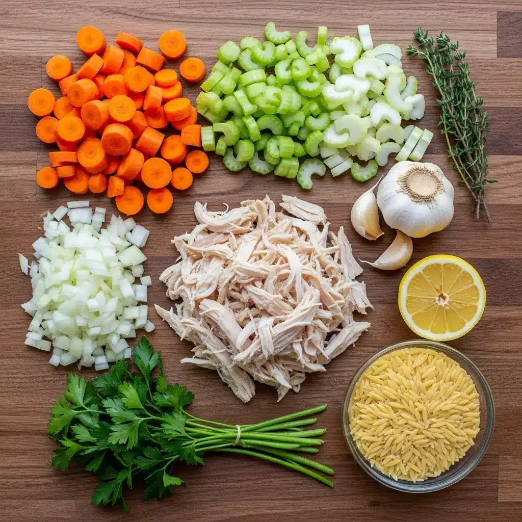 Ingredients for Greek chicken soup with lemon and orzo
