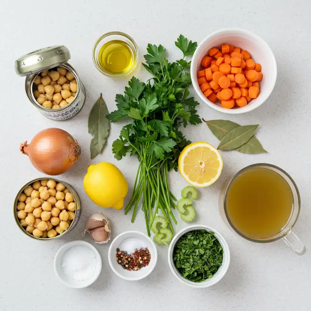 Ingredients for Greek Chickpea Soup laid out on white countertop