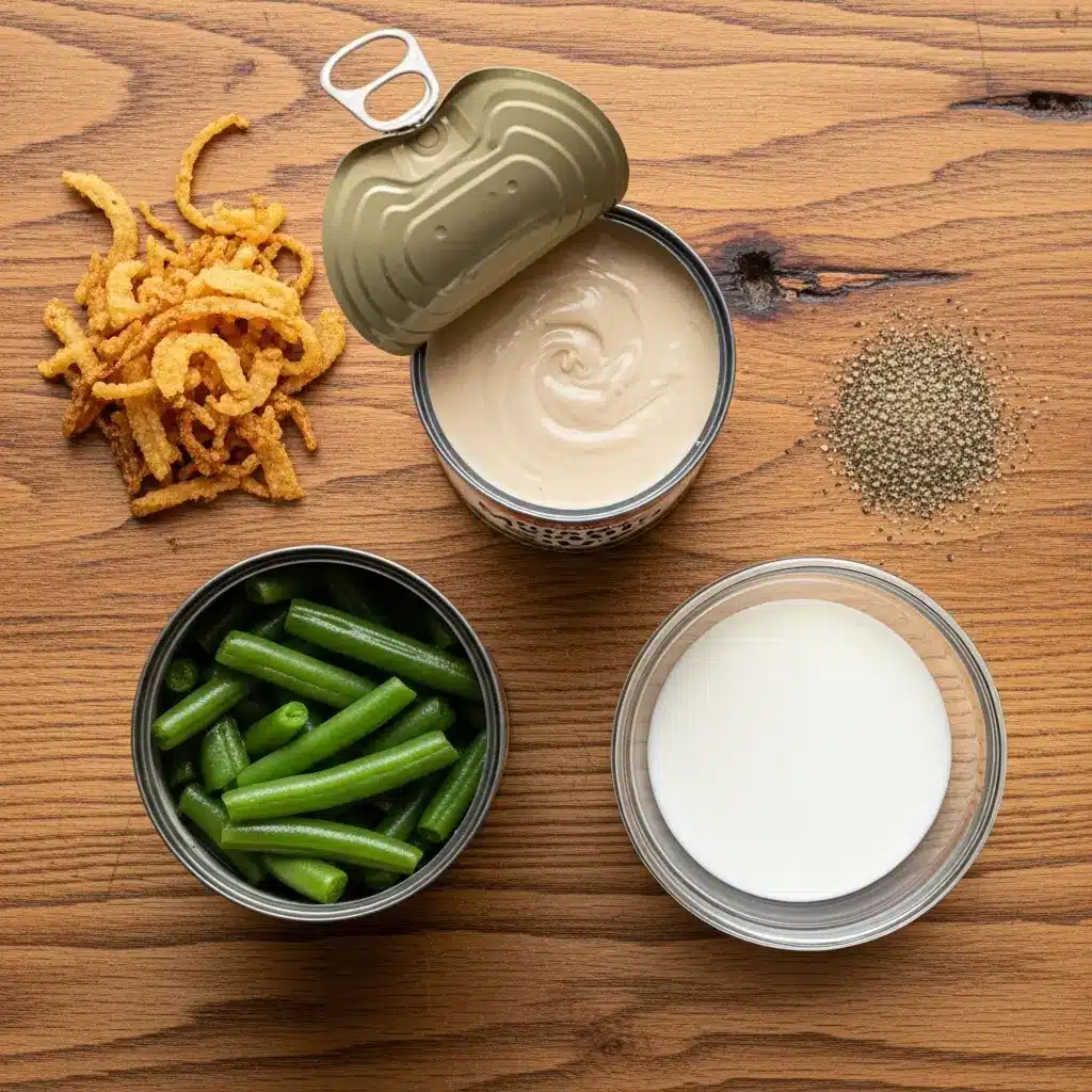 Ingredients for 50 Minute Easy Green Bean Casserole on a table