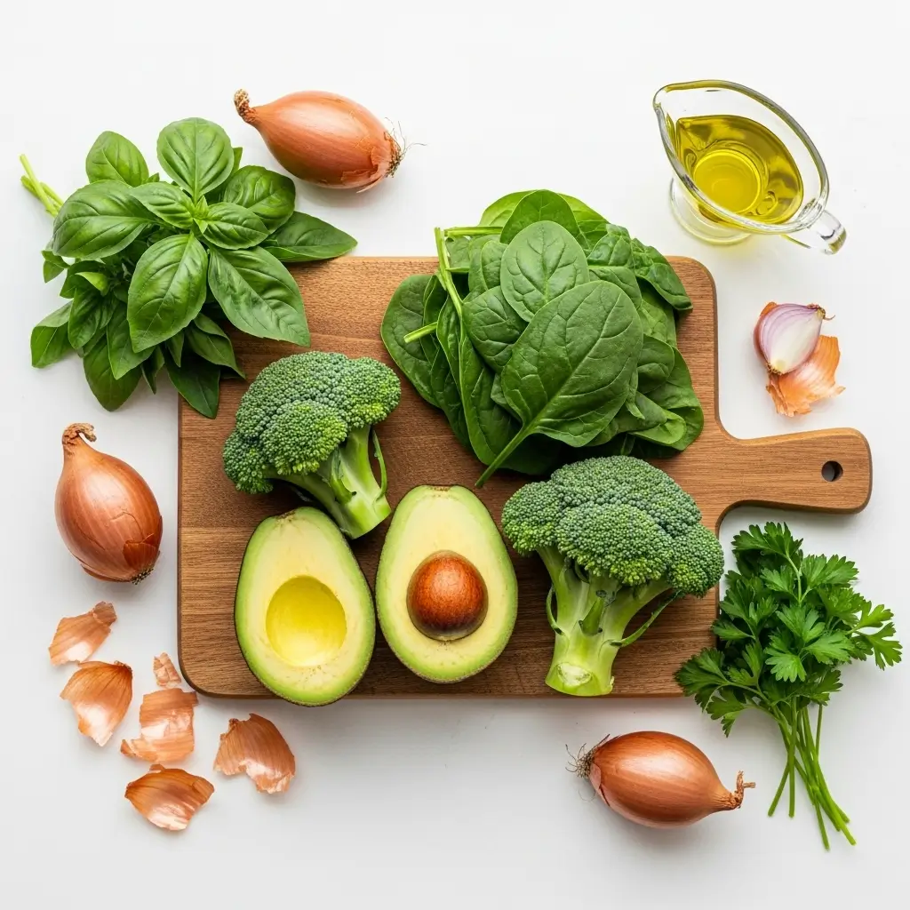 Ingredients for Green Goddess Herb Soup including herbs, avocado, and broccoli