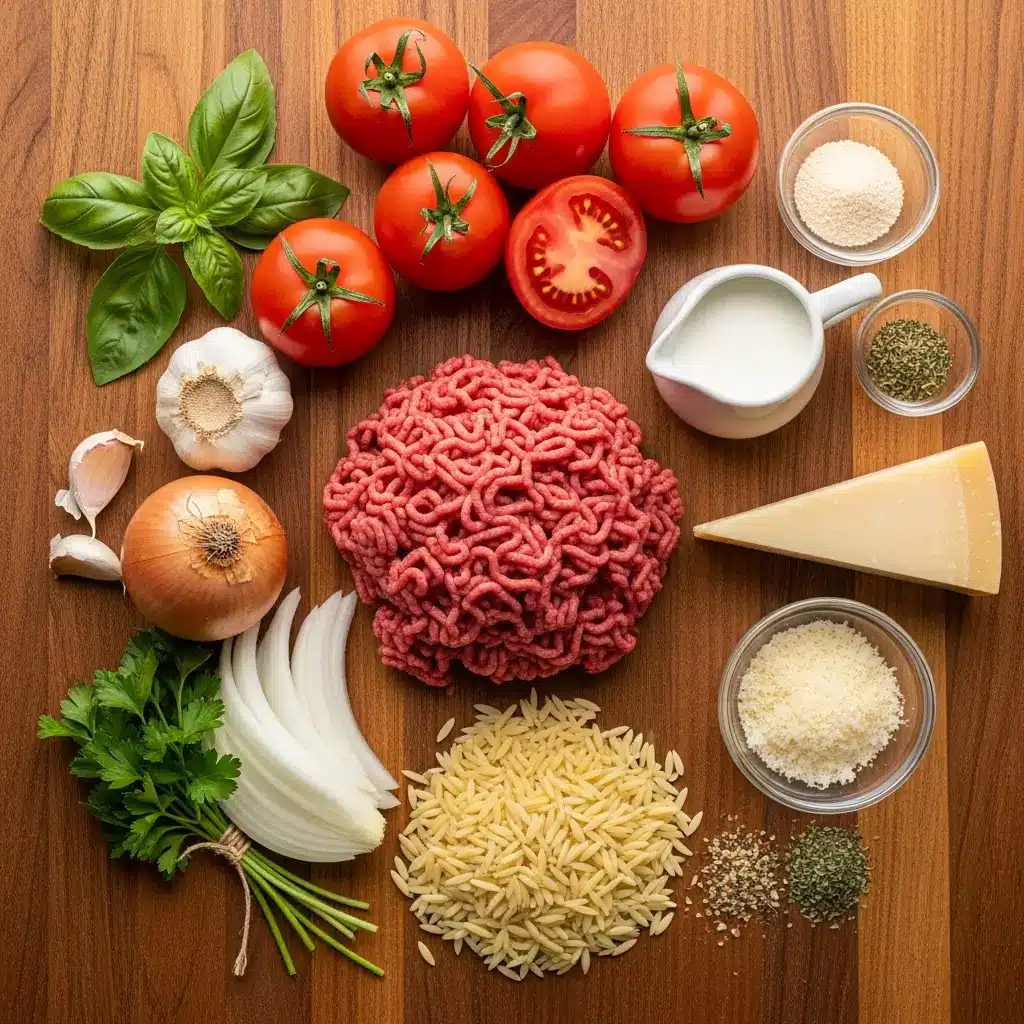 Ingredients for Ground Beef Orzo with Tomato Cream Sauce