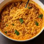 Ground Beef Orzo with Tomato Cream Sauce Skillet
