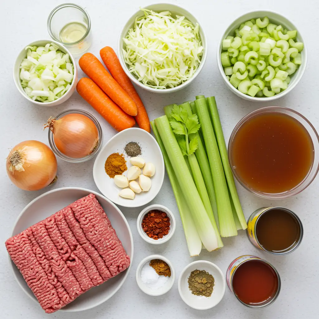 Ground Beef and Savory Cabbage Soup ingredients laid out