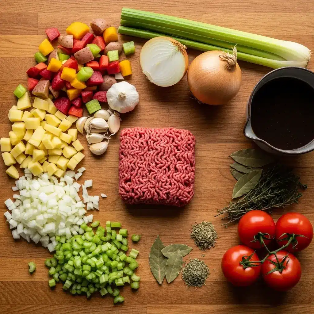 Ground Beef Vegetable Soup ingredients flat lay