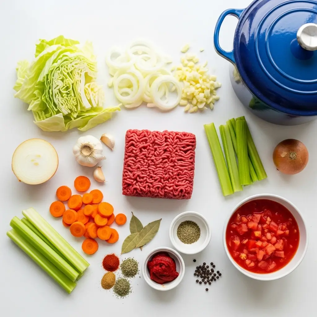 Ingredients for One-Pot Hamburger Cabbage and Onion Soup