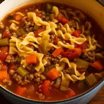 hamburger noodle soup in bowl