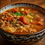 Hamburger Rice Soup Recipe served hot in a rustic bowl