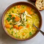 healing chicken soup served with bread and lemon