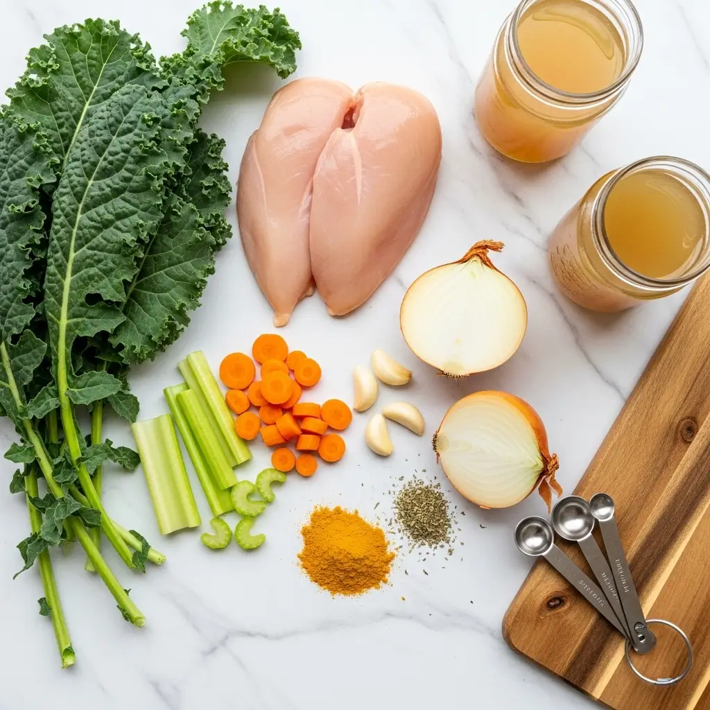 Ingredients for Healthy Chicken Kale Soup laid out on kitchen counter