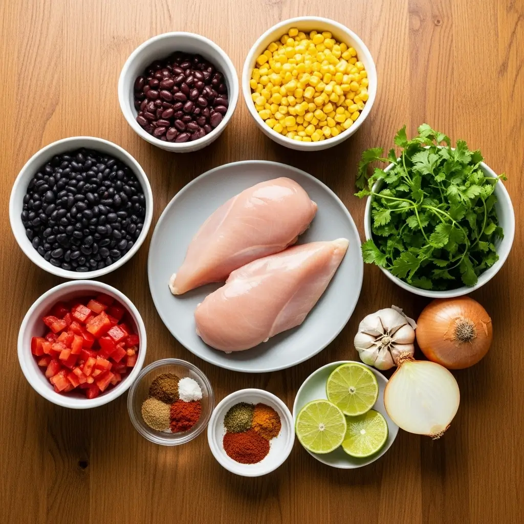Ingredients for Healthy Chicken Tortilla Soup laid out
