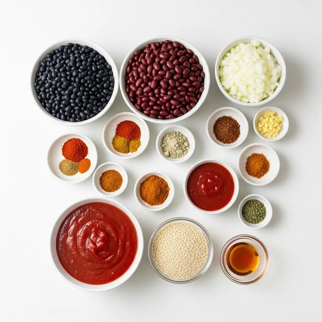Ingredients for Hearty Vegan Chili arranged on a counter