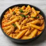 High Protein Creamy Beef Pasta in bowl with basil