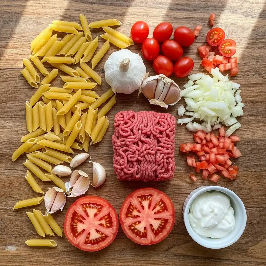 Ingredients for high protein creamy beef pasta