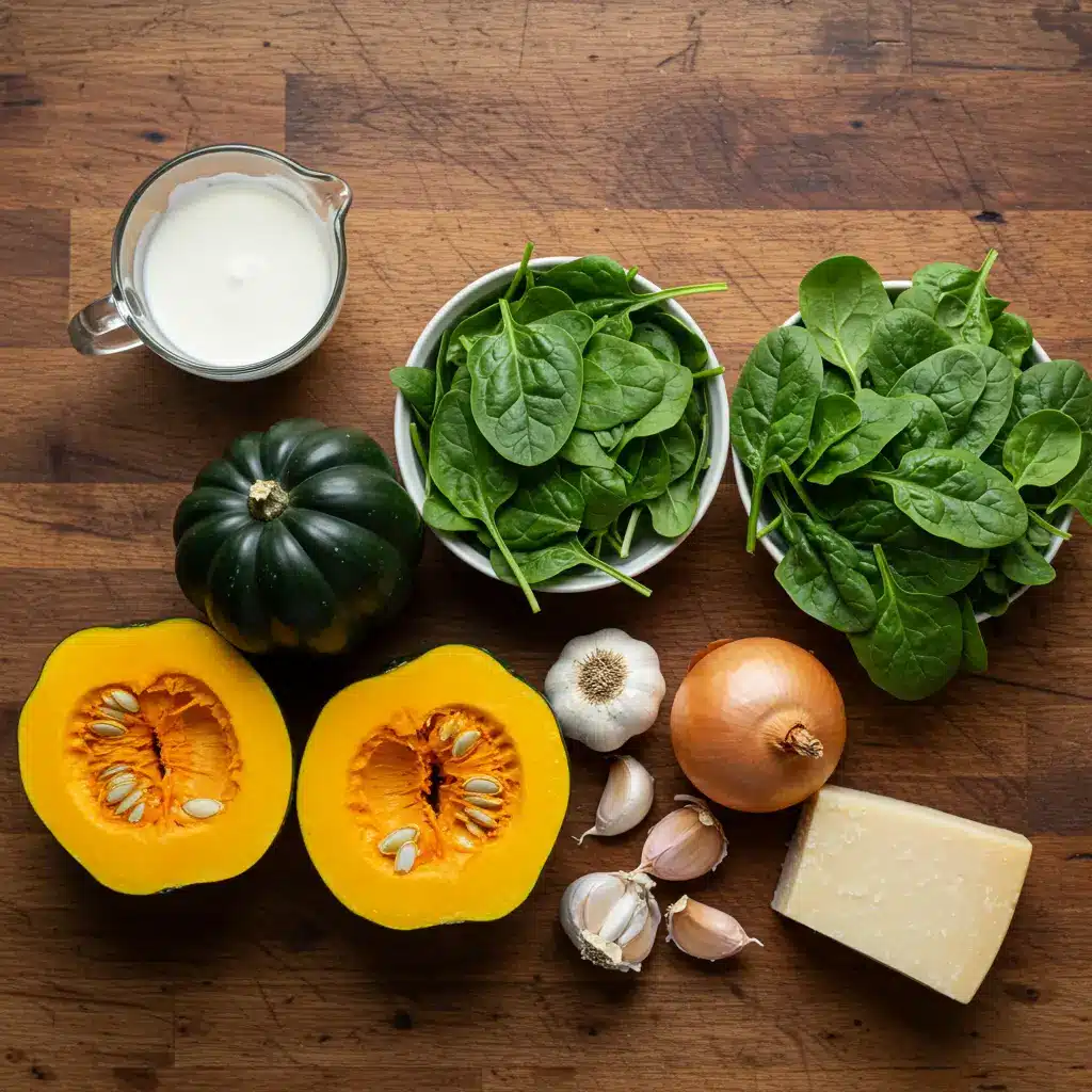 Ingredients for Stuffed Acorn Squash with Creamed Spinach