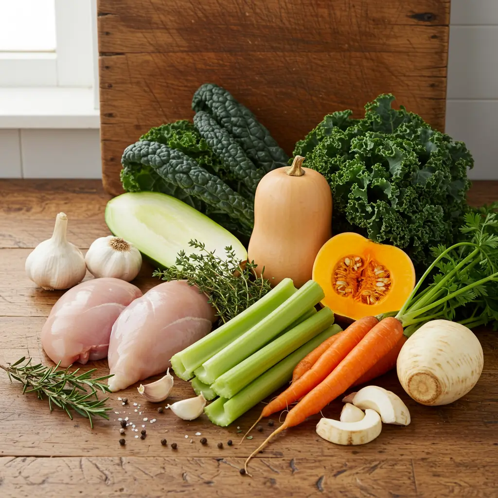 Italian Chicken and Autumn Veggie Soup ingredients flat lay