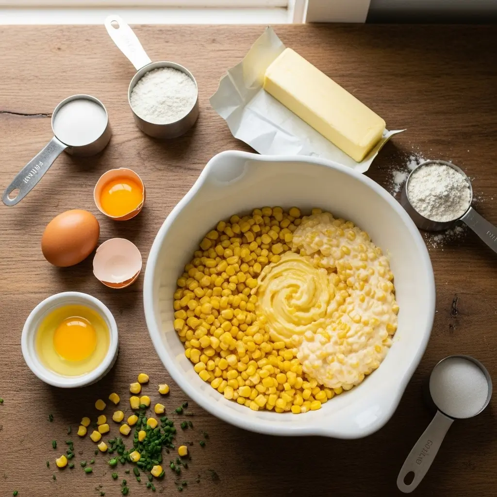 Jiffy Corn Casserole ingredients laid out on kitchen counter