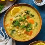 Lemony Greek Chickpea Soup in rustic bowl